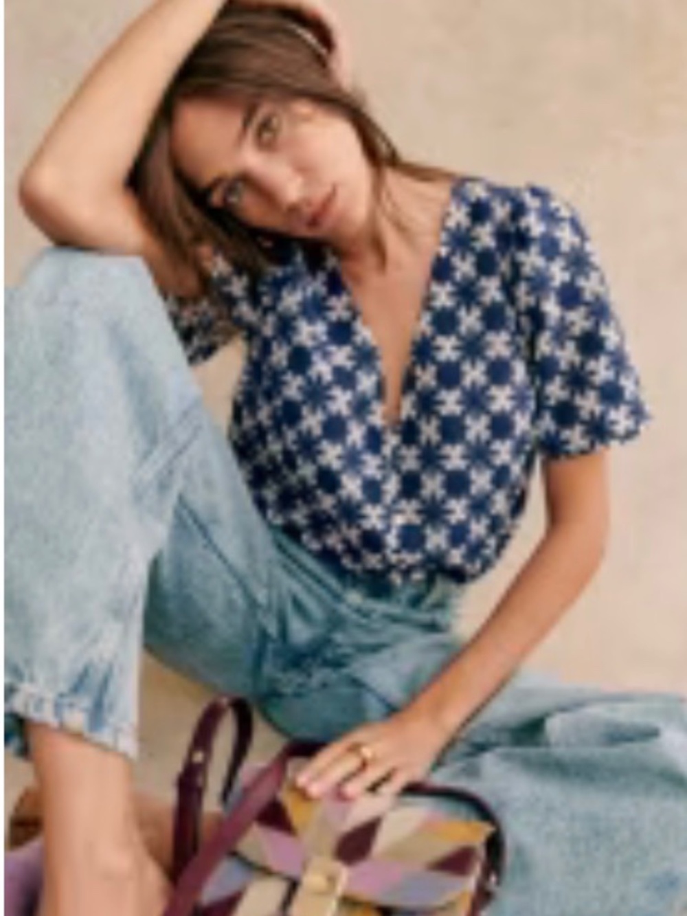 Sezane Emma Blouse Ecru Navy - Size 8